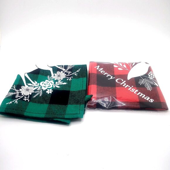 Christmas Dog Cat Plaid Bandanas 2 Pack Green Black Deer Floral Red Bird Scarfs - Picture 3 of 8